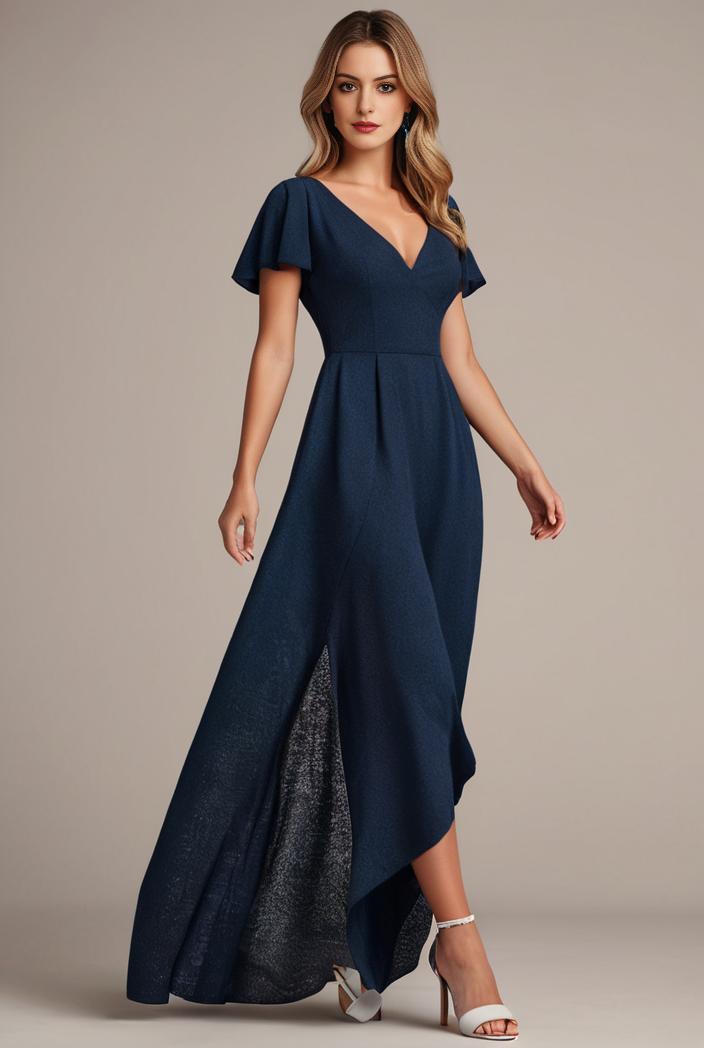 glitter high low front side slit ruffled v neck evening dress 126980