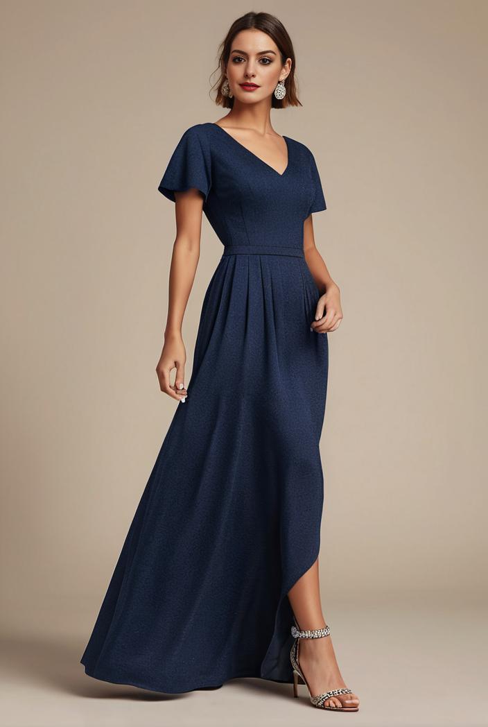 glitter high low front side slit ruffled v neck evening dress 126982