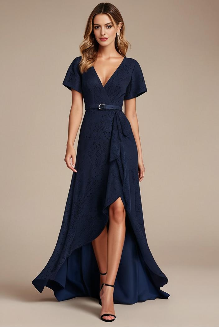 glitter high low front side slit ruffled v neck evening dress 126985