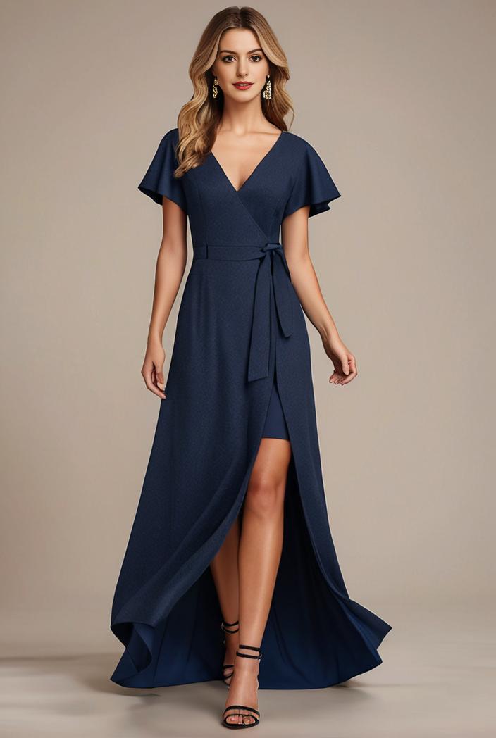 glitter high low front side slit ruffled v neck evening dress 126986