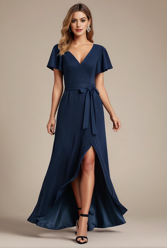glitter high low front side slit ruffled v neck evening dress 126990