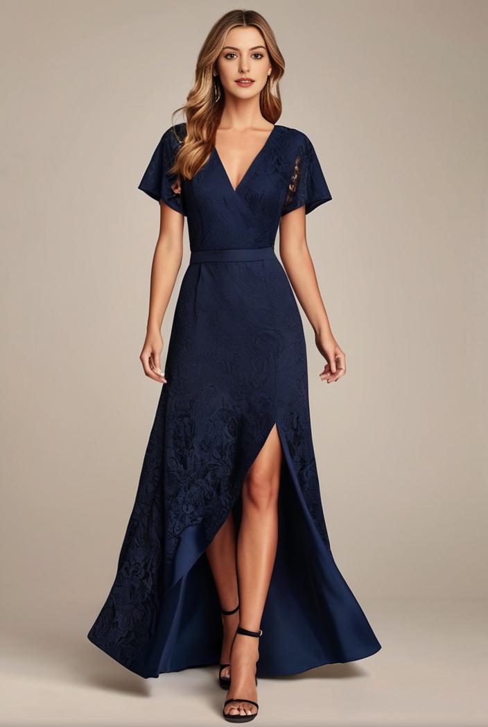 glitter high low front side slit ruffled v neck evening dress 126991