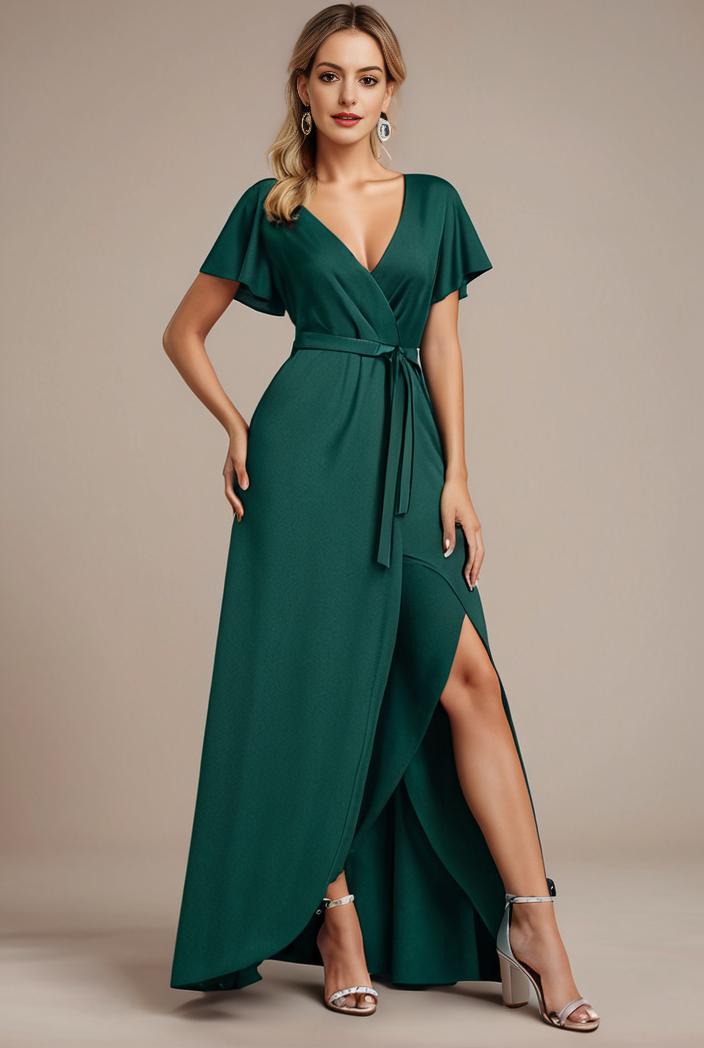 glitter high low front side slit ruffled v neck evening dress 127002