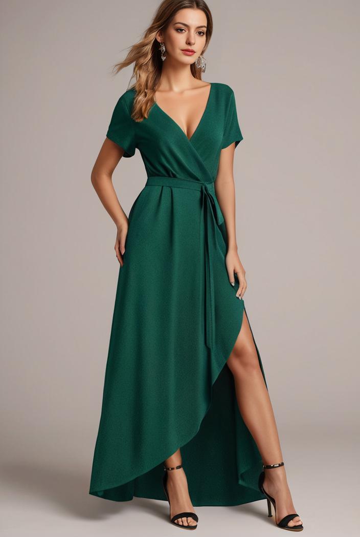 glitter high low front side slit ruffled v neck evening dress 127004