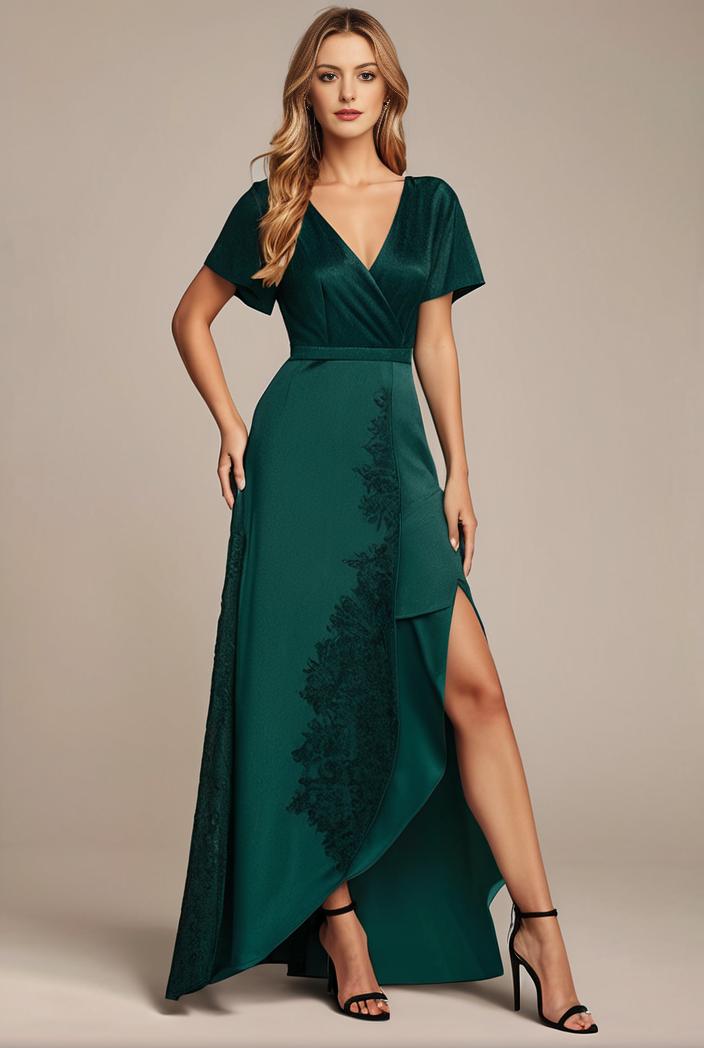 glitter high low front side slit ruffled v neck evening dress 127007