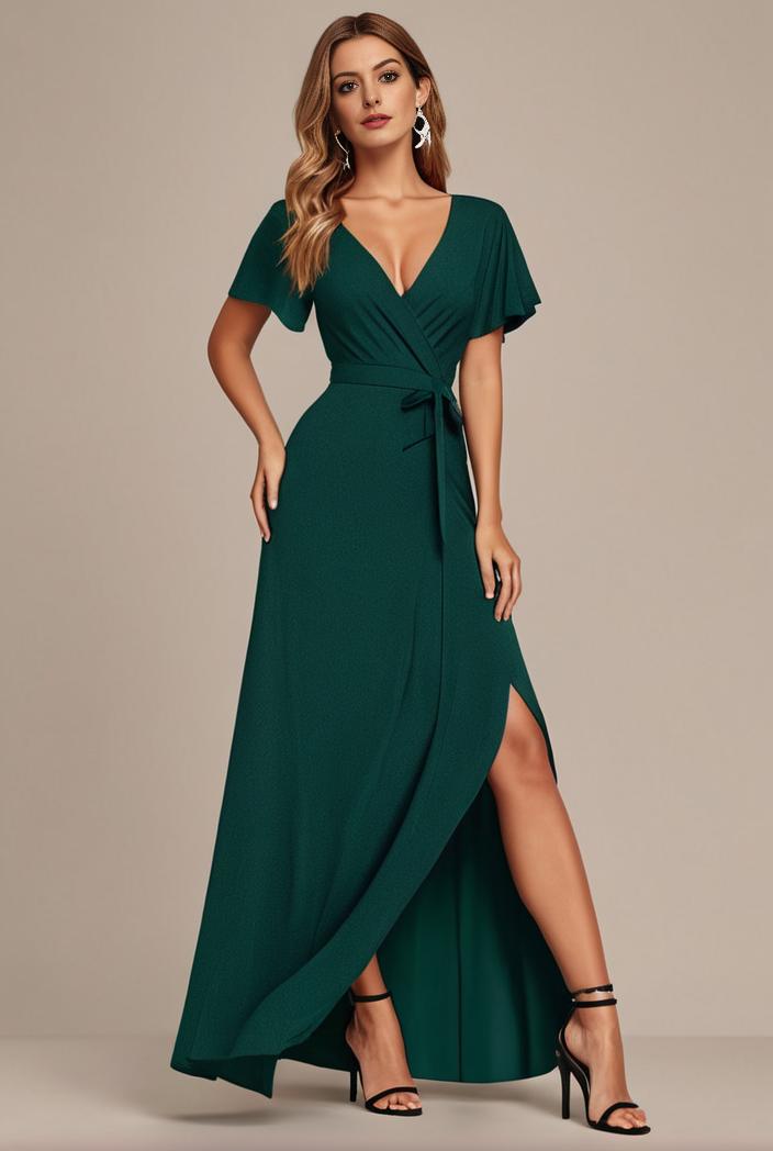 glitter high low front side slit ruffled v neck evening dress 127008
