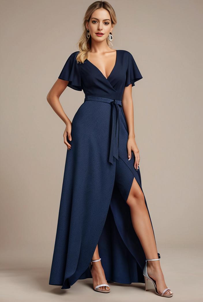 glitter high low front side slit ruffled v neck evening dress 127010