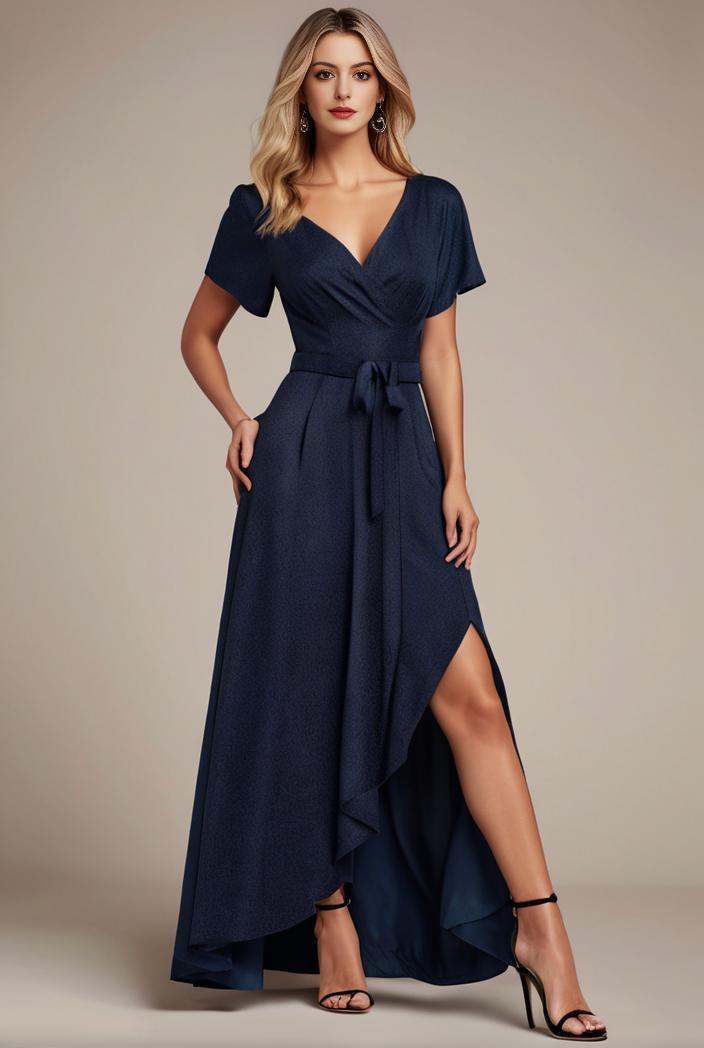 glitter high low front side slit ruffled v neck evening dress 127013