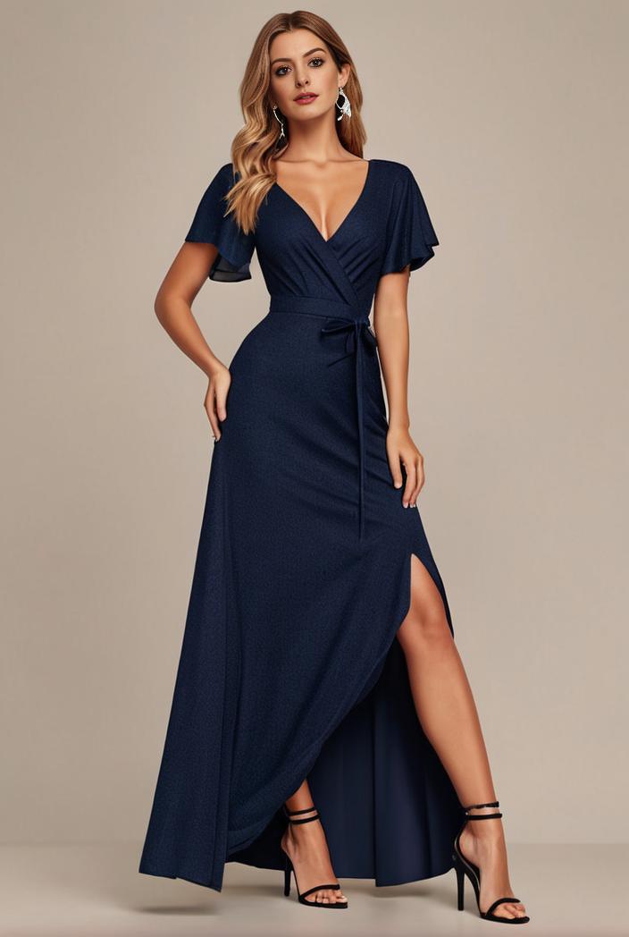 glitter high low front side slit ruffled v neck evening dress 127016