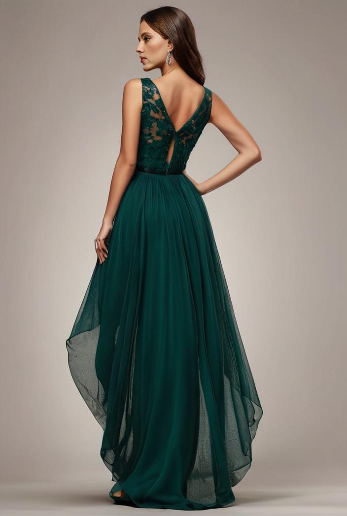 sequin bodice tulle high low evening dress with ribbon waist 107450