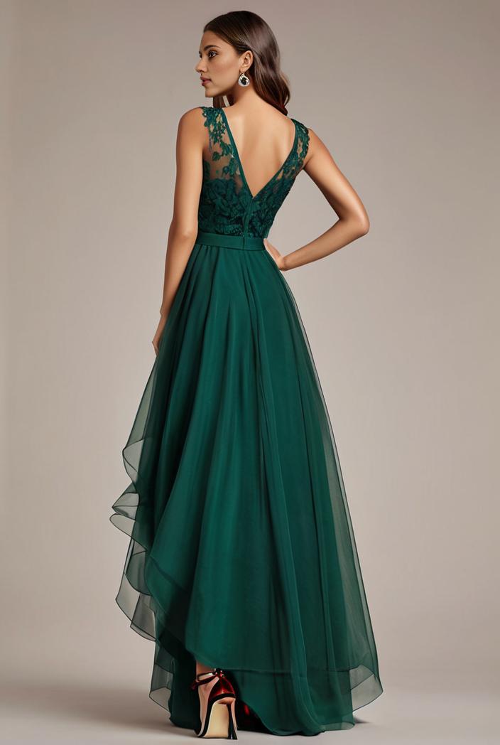 sequin bodice tulle high low evening dress with ribbon waist 107447