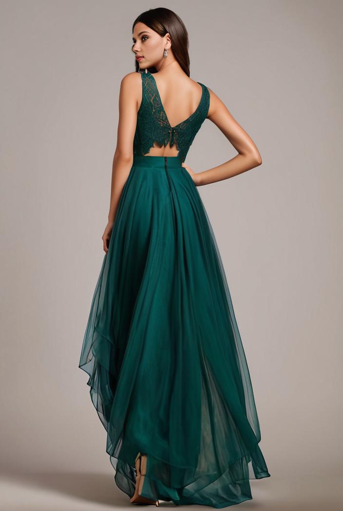 sequin bodice tulle high low evening dress with ribbon waist 107448
