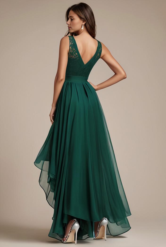 sequin bodice tulle high low evening dress with ribbon waist 107452