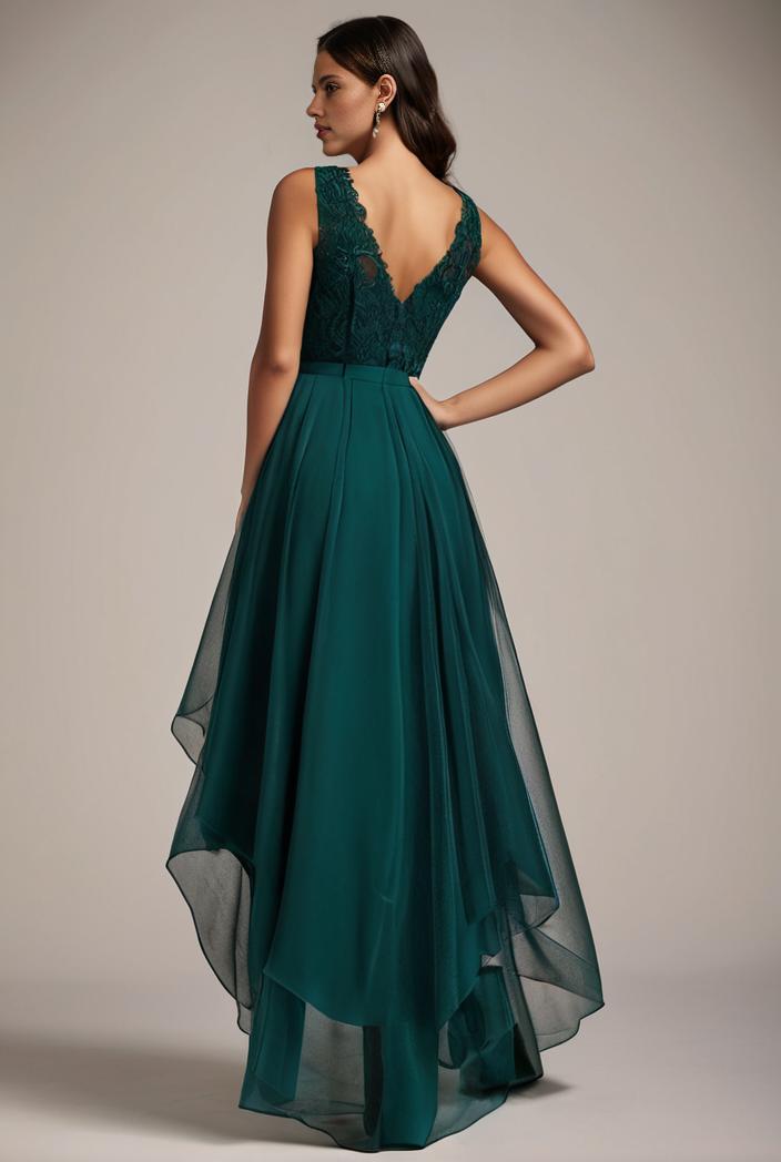sequin bodice tulle high low evening dress with ribbon waist 107451