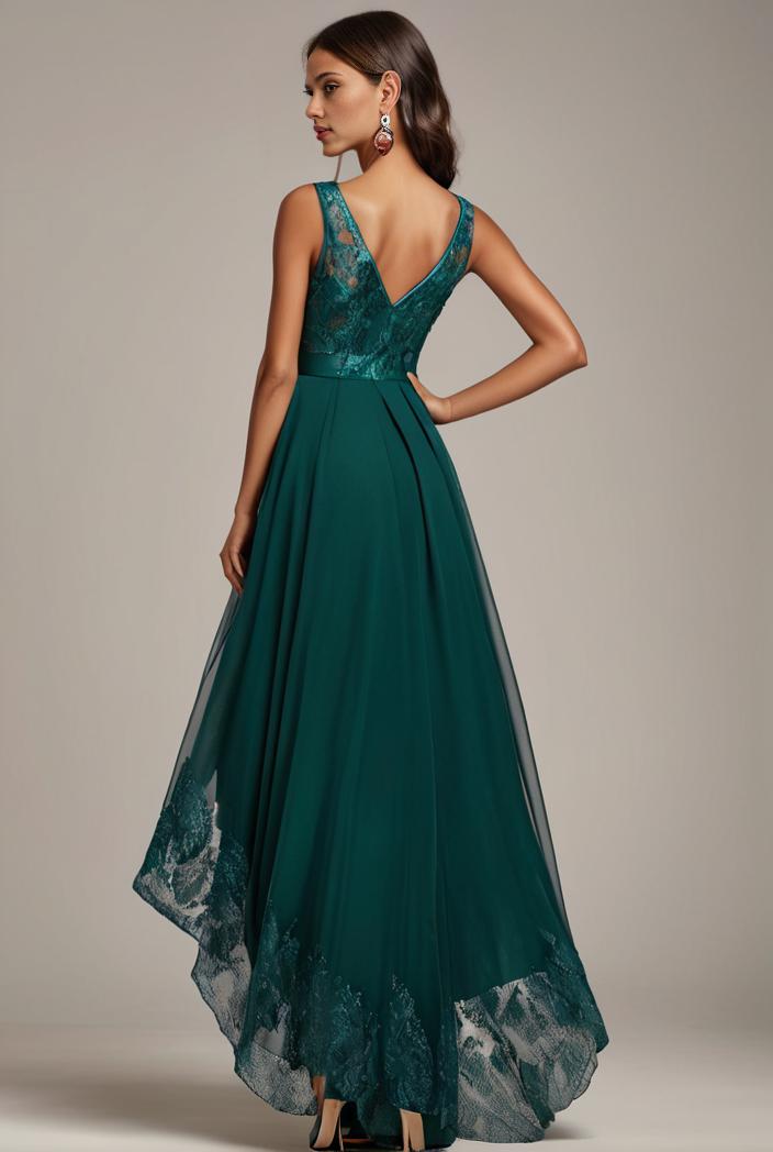 sequin bodice tulle high low evening dress with ribbon waist 107454