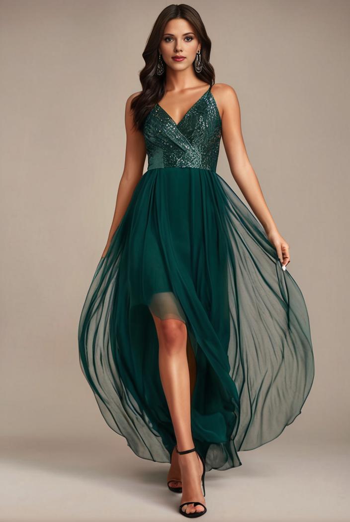 sequin bodice tulle high low evening dress with ribbon waist 107457