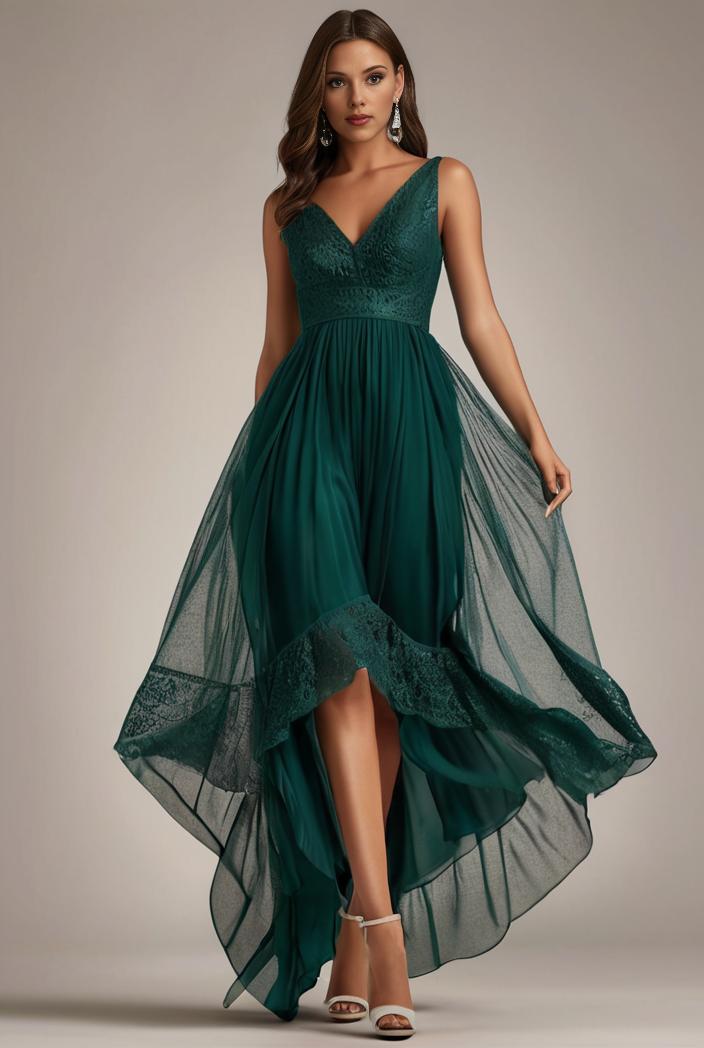 sequin bodice tulle high low evening dress with ribbon waist 107456