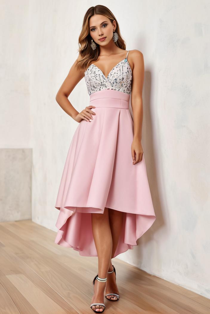 sequin bodice tulle high low evening dress with ribbon waist 107470