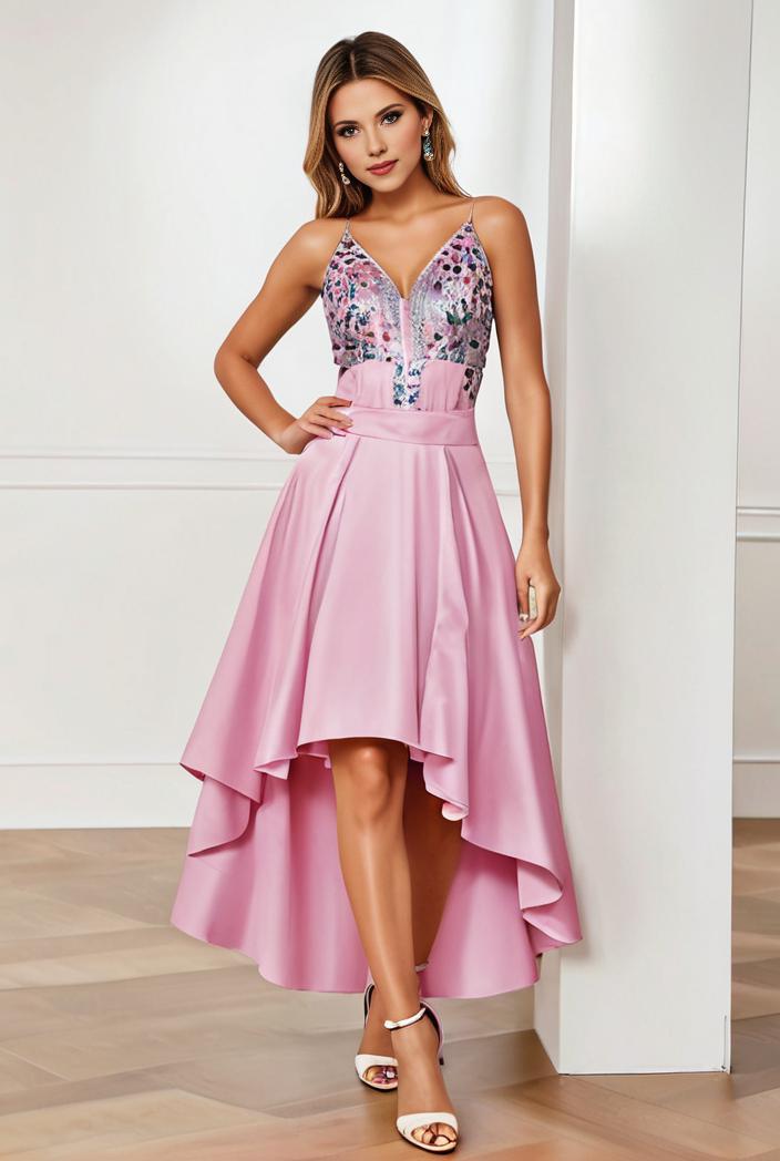 sequin bodice tulle high low evening dress with ribbon waist 107469