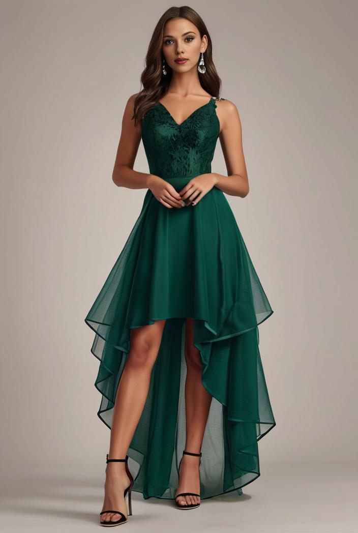 sequin bodice tulle high low evening dress with ribbon waist 107471