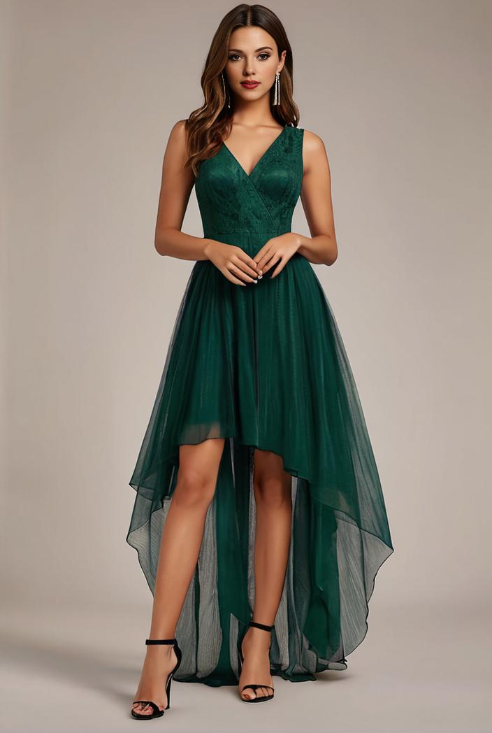 sequin bodice tulle high low evening dress with ribbon waist 107472