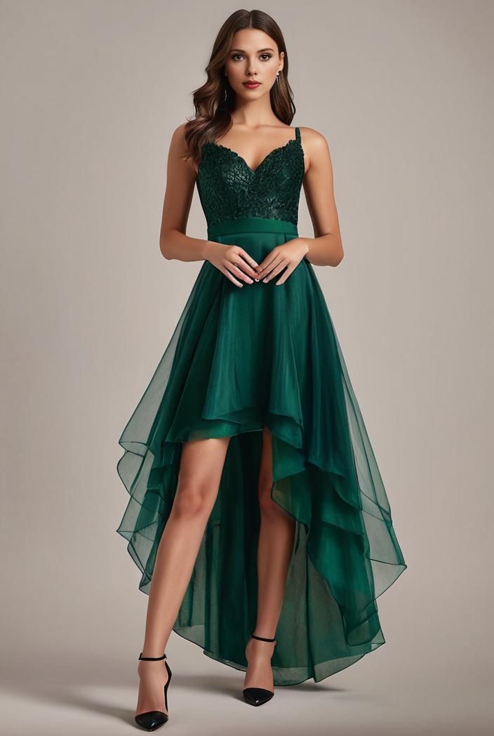 sequin bodice tulle high low evening dress with ribbon waist 107473