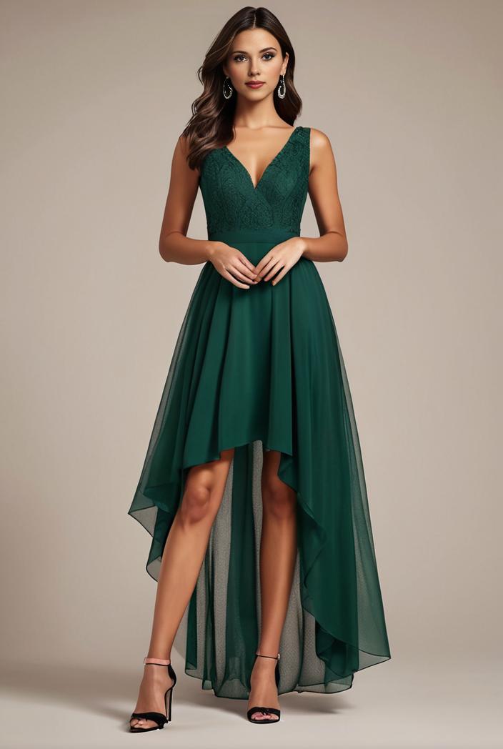 sequin bodice tulle high low evening dress with ribbon waist 107476