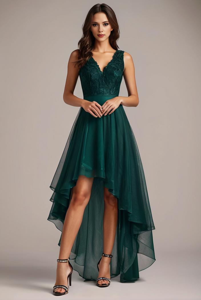 sequin bodice tulle high low evening dress with ribbon waist 107477