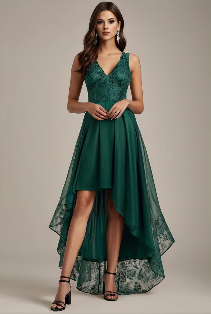 sequin bodice tulle high low evening dress with ribbon waist 107478