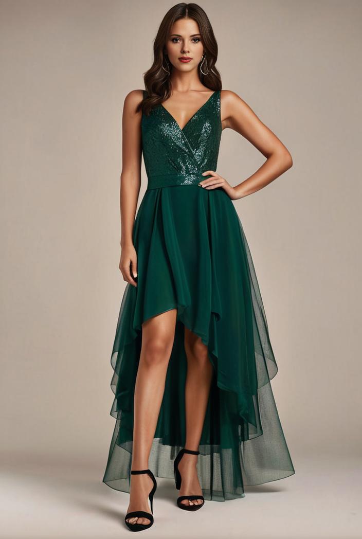 sequin bodice tulle high low evening dress with ribbon waist 107487