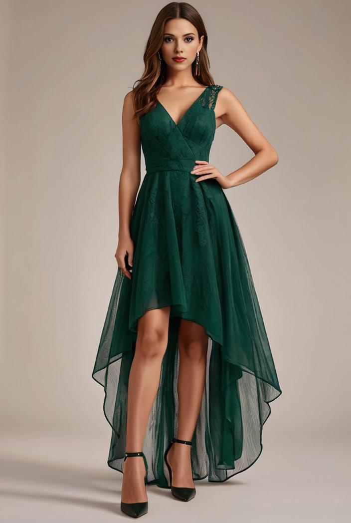 sequin bodice tulle high low evening dress with ribbon waist 107490
