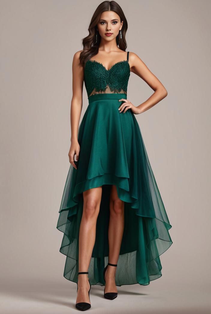 sequin bodice tulle high low evening dress with ribbon waist 107489