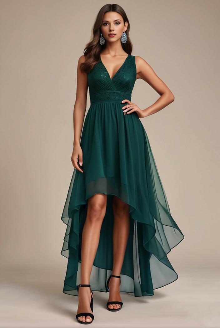 sequin bodice tulle high low evening dress with ribbon waist 107492