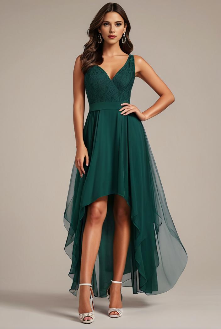 sequin bodice tulle high low evening dress with ribbon waist 107494