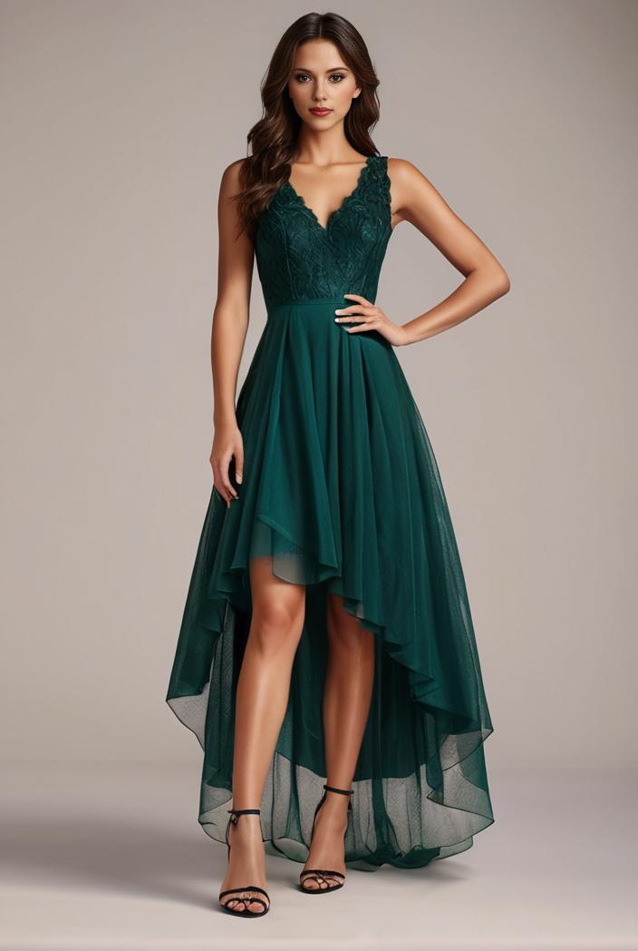 sequin bodice tulle high low evening dress with ribbon waist 107491