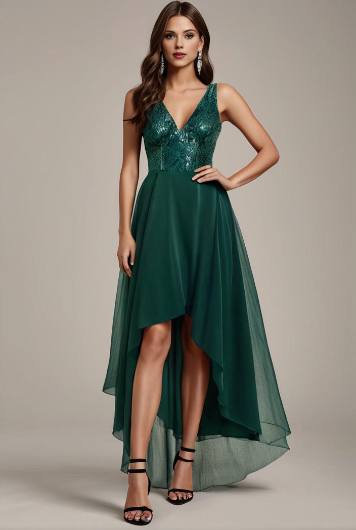 sequin bodice tulle high low evening dress with ribbon waist 107493