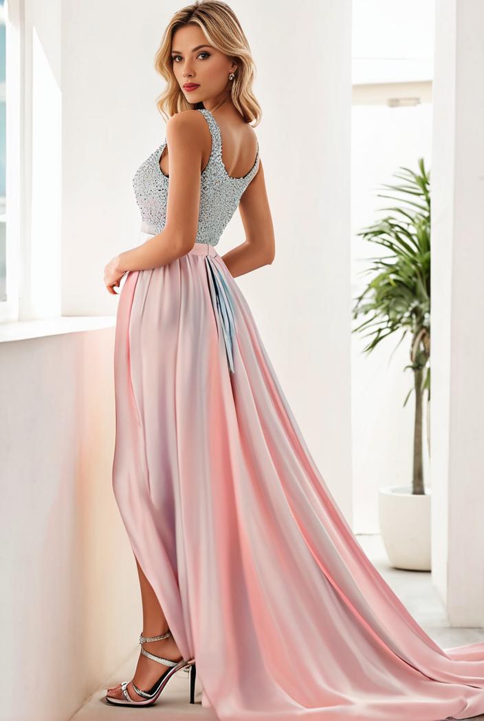 sequin bodice tulle high low evening dress with ribbon waist 107506
