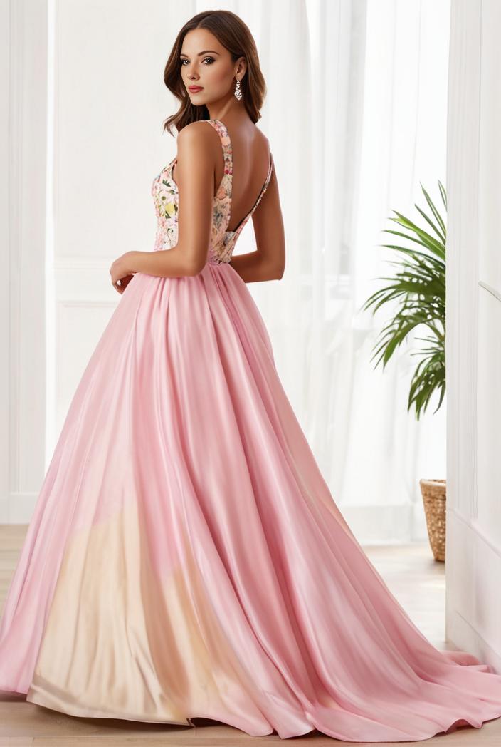 sequin bodice tulle high low evening dress with ribbon waist 107503