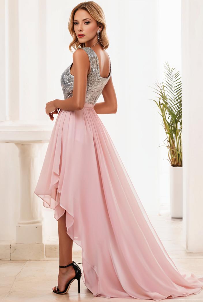 sequin bodice tulle high low evening dress with ribbon waist 107507