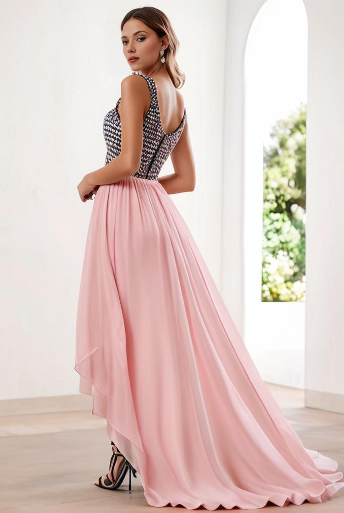 sequin bodice tulle high low evening dress with ribbon waist 107510