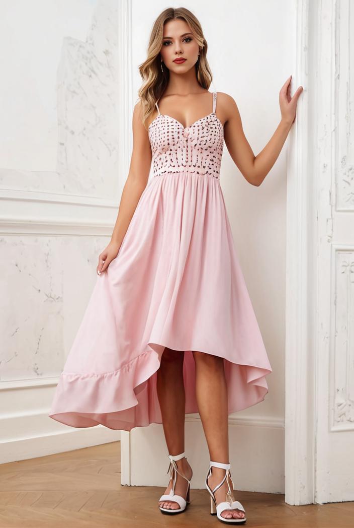 sequin bodice tulle high low evening dress with ribbon waist 107512