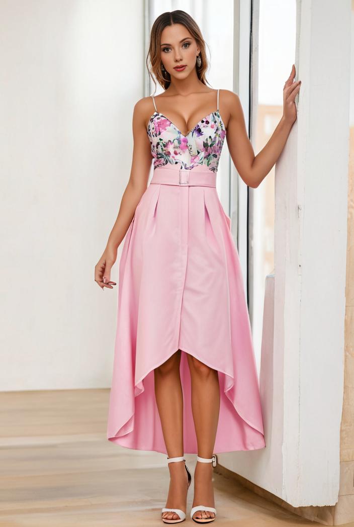 sequin bodice tulle high low evening dress with ribbon waist 107515