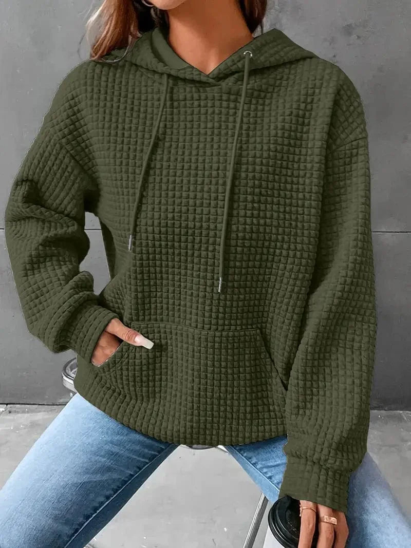 Waffle Grid Kangaroo Pocket Hoodie, Long Sleeve Drawstring Hoodies for Women