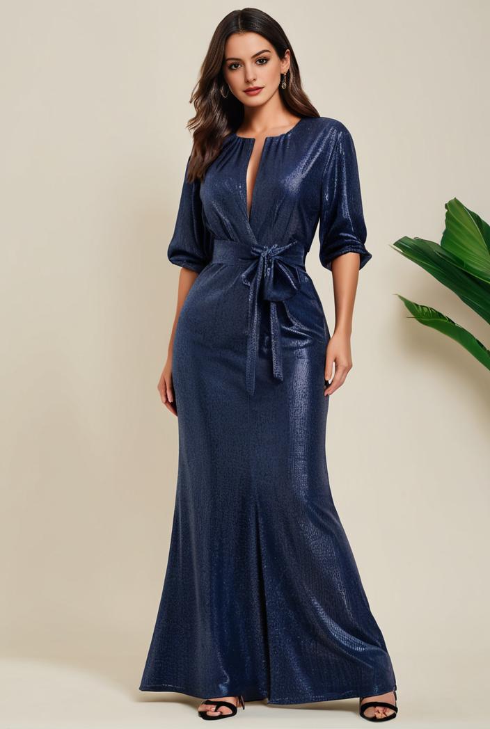 3 4 sleeve bodycon plunging back sequin evening dress 140559