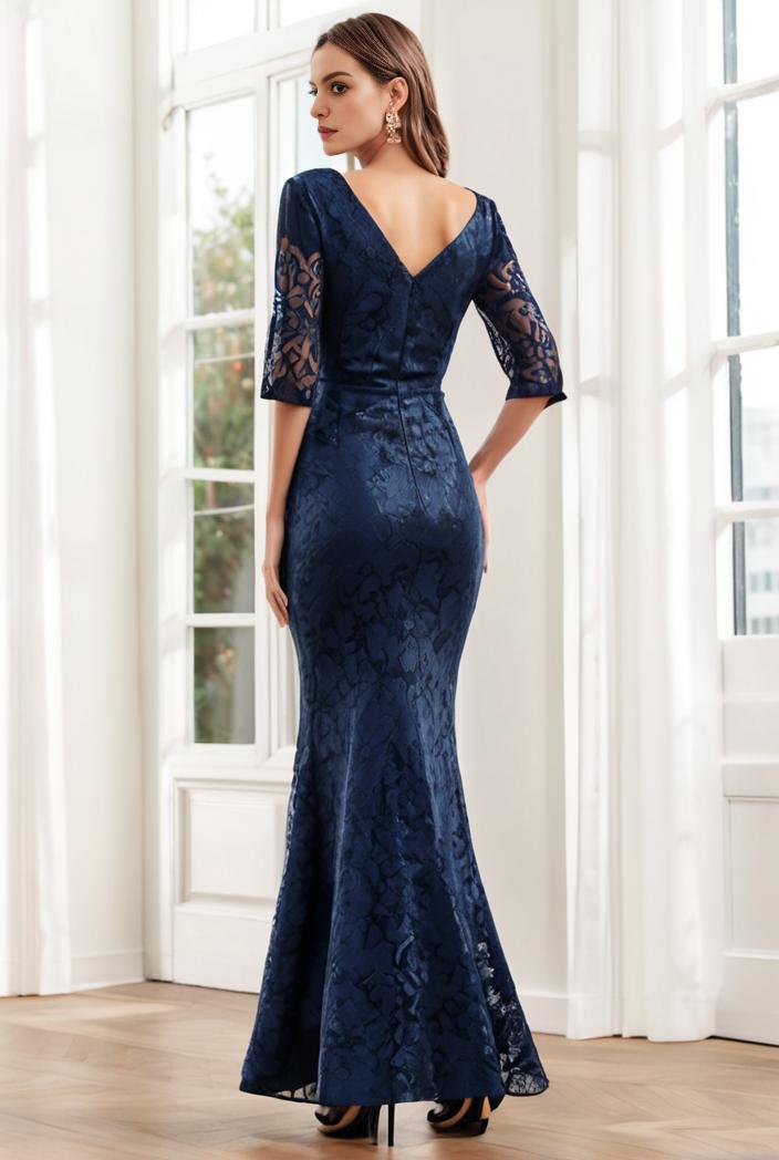 3 4 sleeve bodycon plunging back sequin evening dress 140565