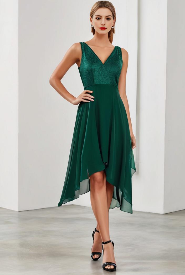 deep v neck lace chiffon bridesmaid dress with asymmetrical hem 101699