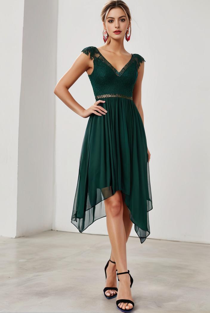 deep v neck lace chiffon bridesmaid dress with asymmetrical hem 101703