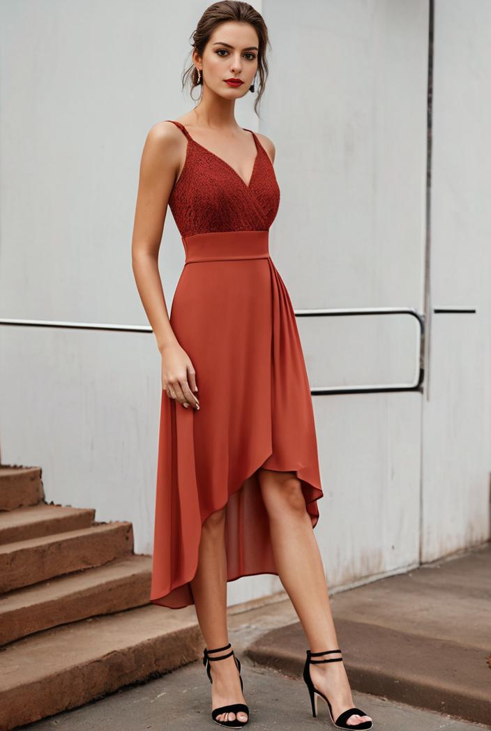 deep v neck lace chiffon bridesmaid dress with asymmetrical hem 101713