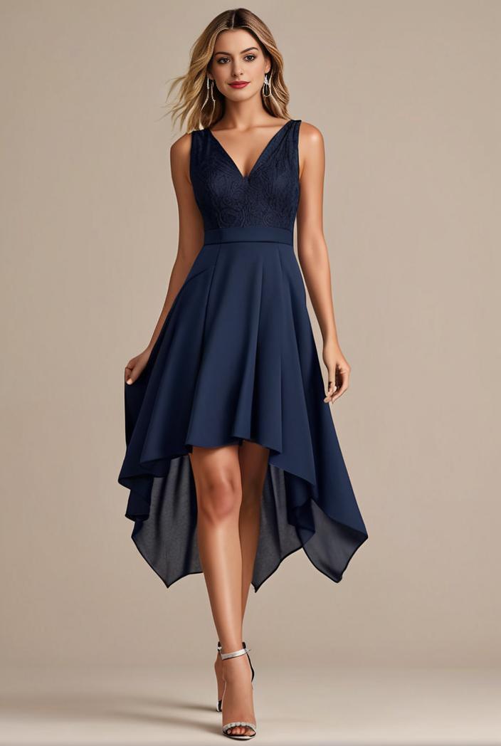 deep v neck lace chiffon bridesmaid dress with asymmetrical hem 101718