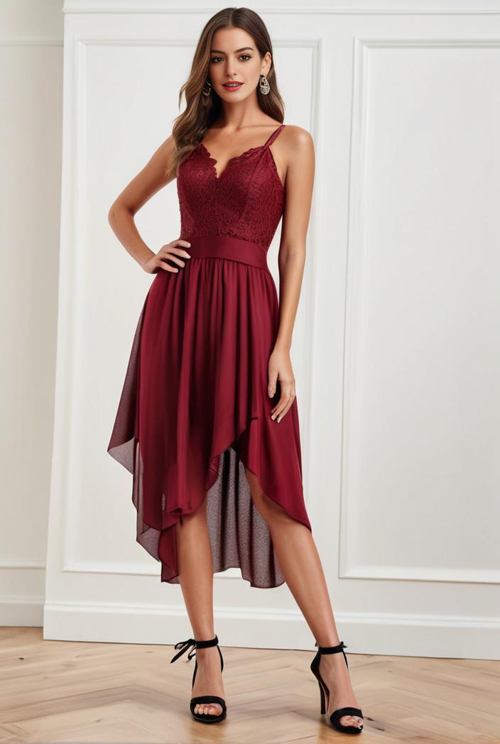 deep v neck lace chiffon bridesmaid dress with asymmetrical hem 101765